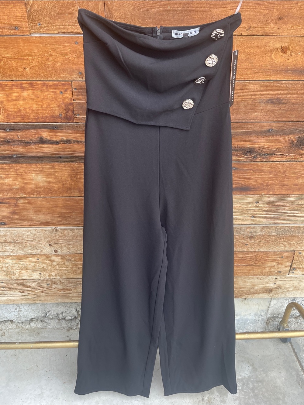 Madden Girl Black Strapless Wide Leg Jumpsuit XL NWT Gold Button Detail